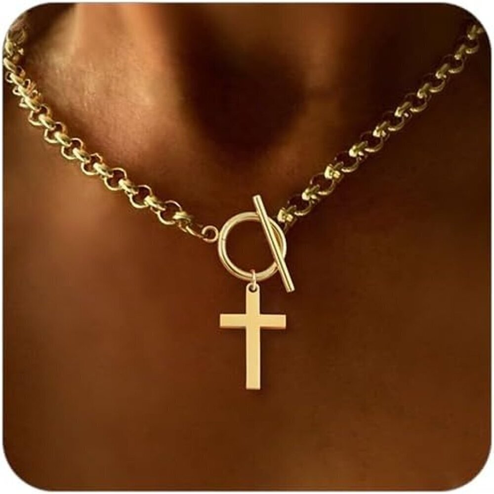 Chunky Gold/Silver Cross Necklace for Women 18K Gold Plated Classic Jewelry
